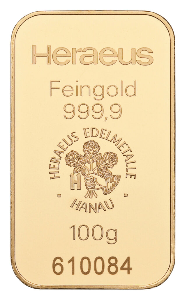 100 grams investment gold bar 9999 heraeus 1
