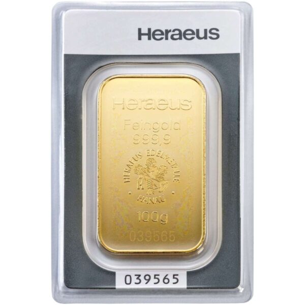 100 grams investment gold bar 9999 heraeus front 1