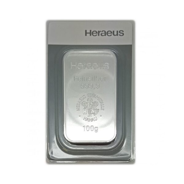 100 grams silver bar 9999 heraeus front