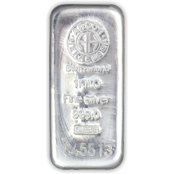 1000 grams silver bar 999 argor heraeus front