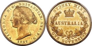 1857 sovereign victoria young head sydney mint