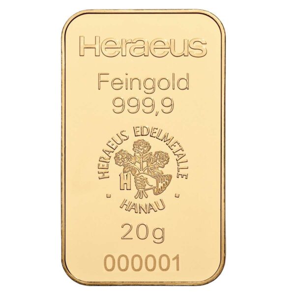 20 grams investment gold bar 9999 heraeus 1