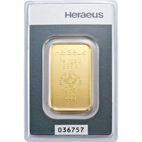20 grams investment gold bar 9999 heraeus front 1
