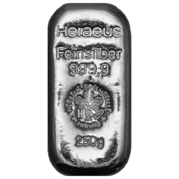 250 grams silver bar 9999 heraeus front