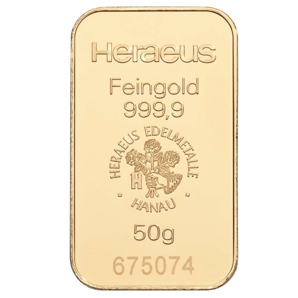 50 grams investment gold bar 9999 heraeus 1