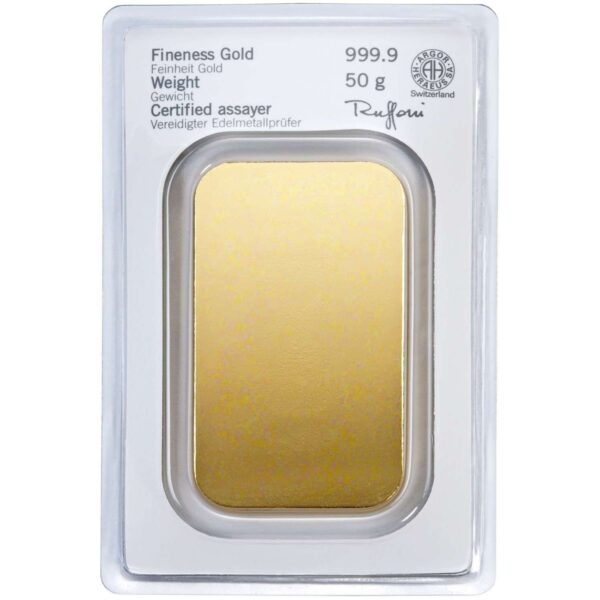 50 grams investment gold bar 9999 heraeus back 1
