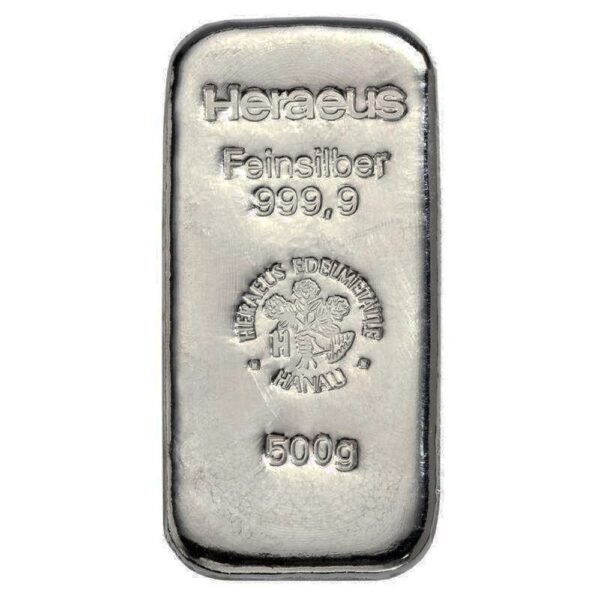 500 grams silver bar 9999 heraeus front