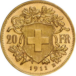 Swiss vreneli 1897 1935 gold reverse