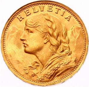 Swiss vreneli 1947 1949 gold obverse